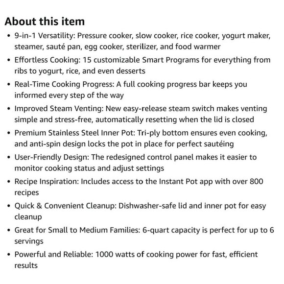 Instant Pot Duo Plus 9-in-1 Multicooker Stainless Steel 6 QT + App & Recipes NEW - Picture 8 of 16